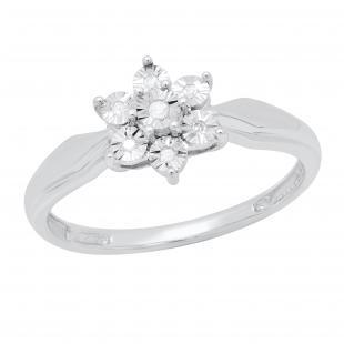 Round White Diamond Accent Seven Stone Flower Engagement Ring 10K White Gold